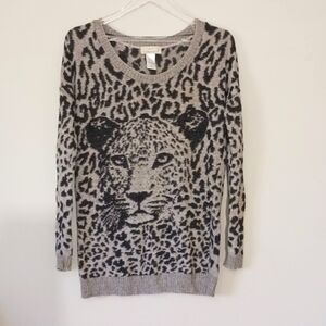 Lola's Cheetah Leopard Graphic Knit Angora Blend Sweater, Grey Black, Size S